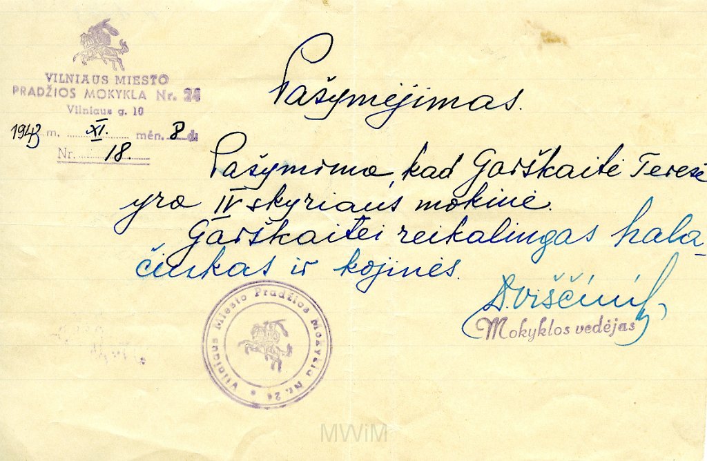 KKE 5703.jpg - (litewski) Dok. Certyfikat z IV klasy dla Teresy Graszko, Wilno, 8 XI 1943 r.